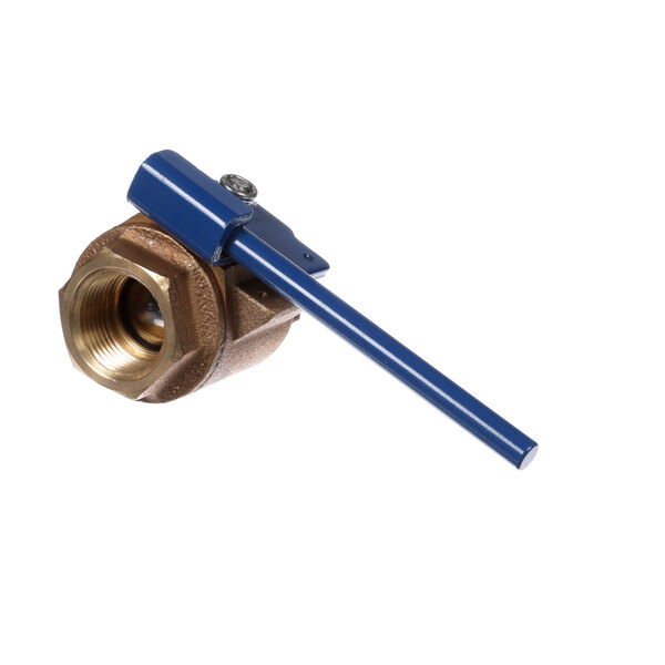 A bronze ball valve with a blue handle.