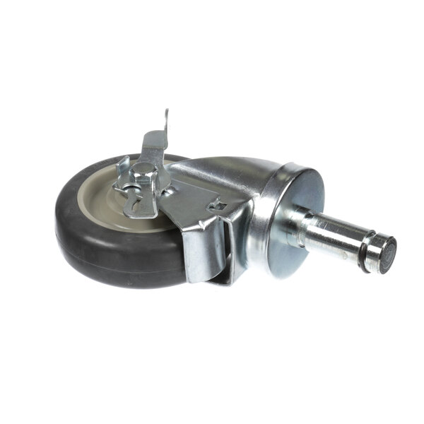 A Delfield swivel caster with a metal stem and black rubber tire.