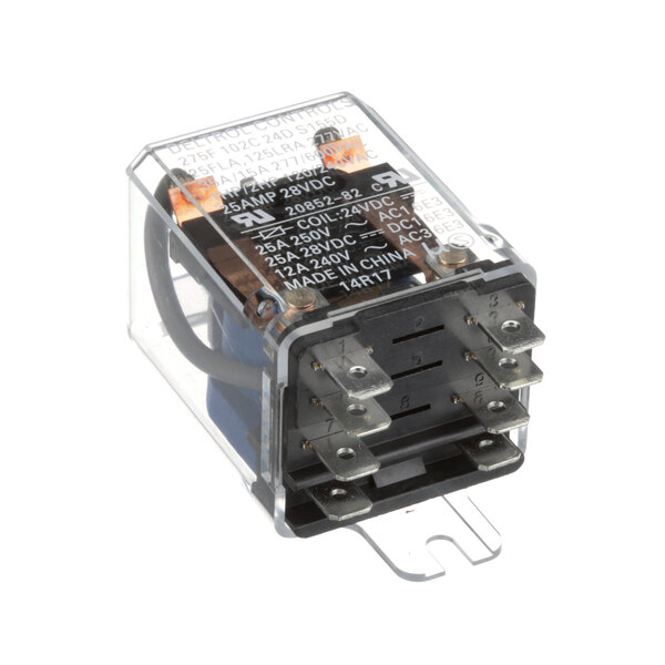 A transparent electrical relay with a clear cover.
