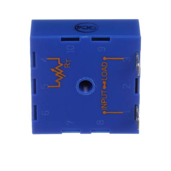 A close-up of a blue Blakeslee 75582 timer module with orange text and an orange button.