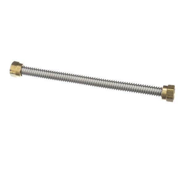 A stainless steel threaded pipe with a brass fitting on the end.
