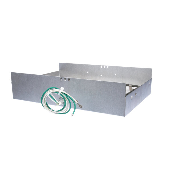 A metal box with a green and white cable.