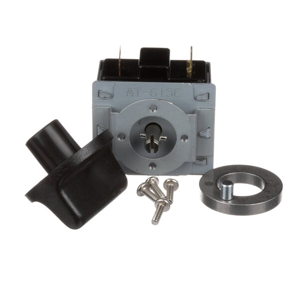 A black and white Globe X10137 timer switch with a small metal nut and screw.