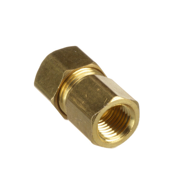 A Groen brass threaded female compression fitting with a gold metal nut.