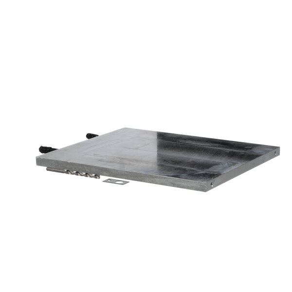 A grey metal rectangular platen with a black handle.