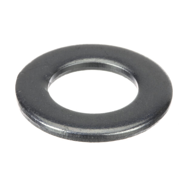 A black metal washer with a round shape.