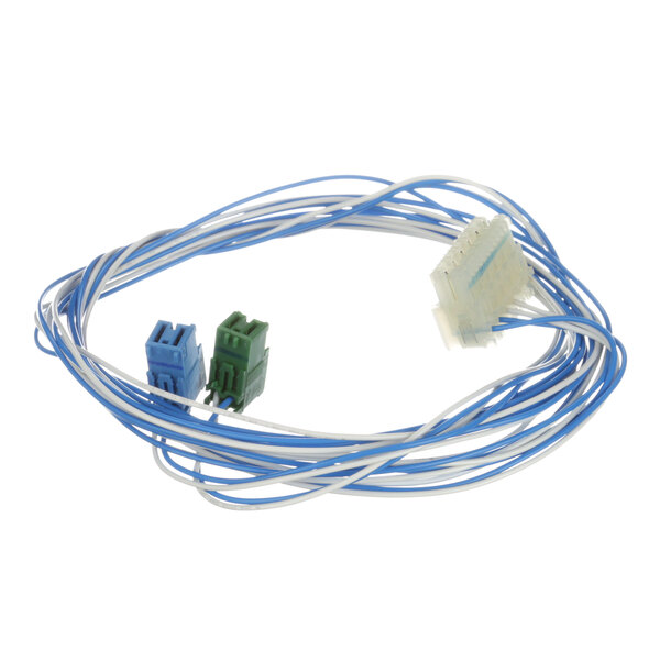 A close-up of a blue and white cable harness with a plastic object.