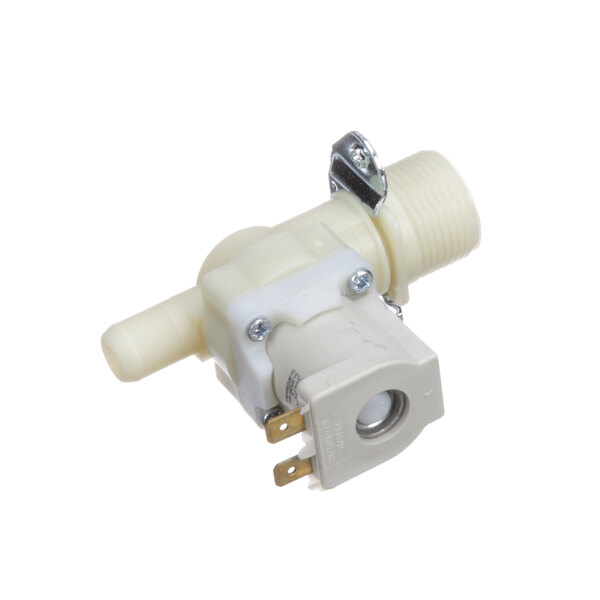 A white plastic Bizerba water inlet solenoid valve with a metal valve.