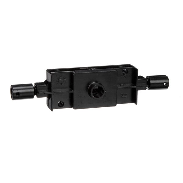 An Electrolux black plastic door lock connector with two holes.