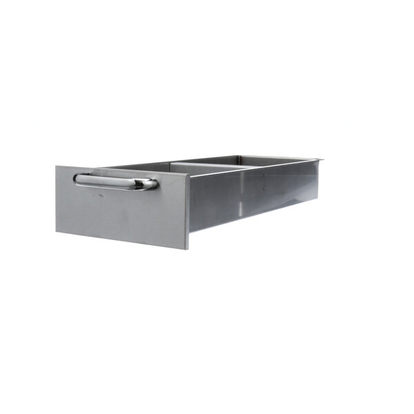 A silver rectangular stainless steel drawer with a handle.
