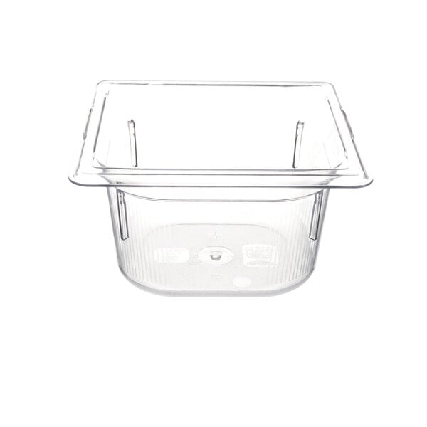 A clear plastic container with a square lid.