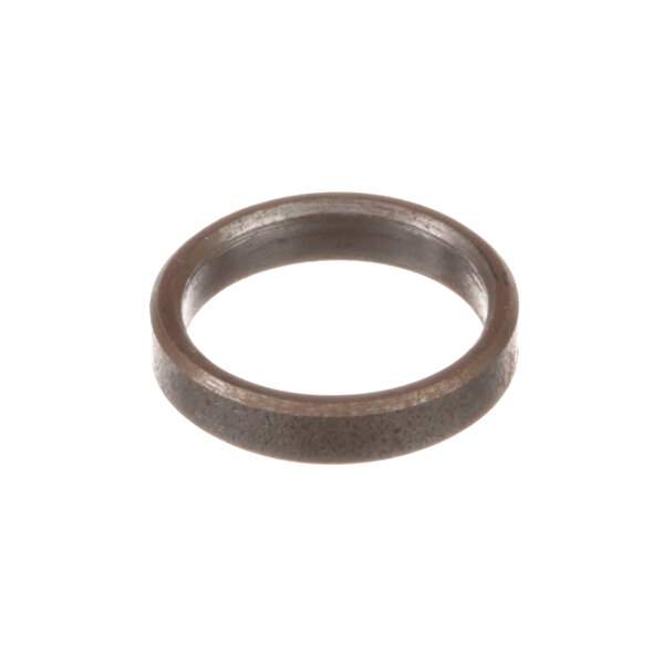 A close-up of a black metal ring with a white background.