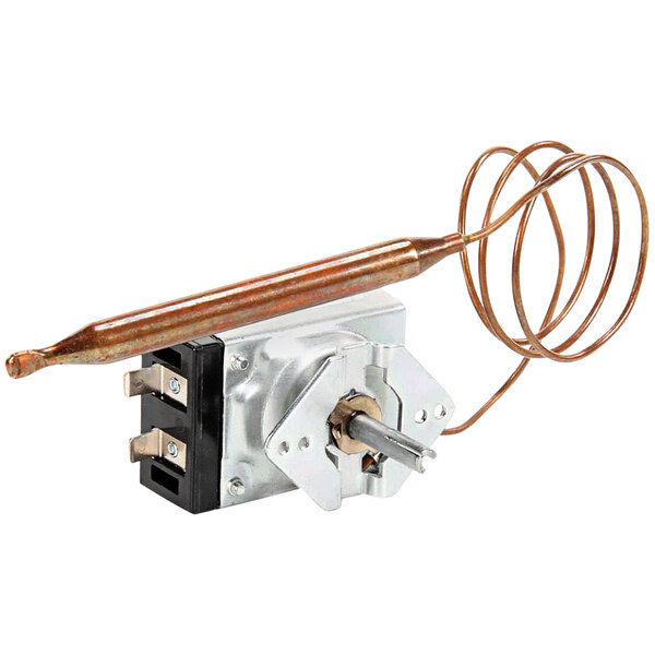 A Delfield commercial refrigeration thermostat with a copper wire.