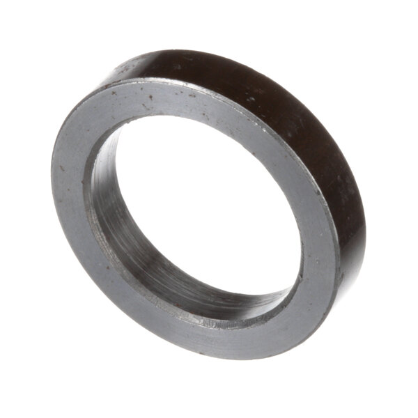 A black steel circular spacer pan hinge with a white background.