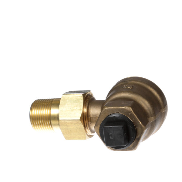 A close-up of a Groen brass steam trap valve.