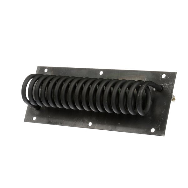 A black coil on a metal plate with a spring attached.