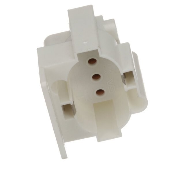 A white plastic Carter-Hoffmann 4 pin light socket connector with holes.