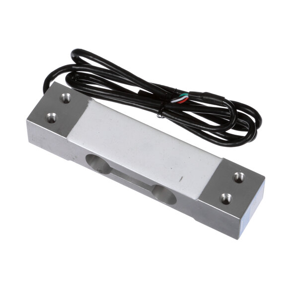A white metal Franke load cell with black wires attached.