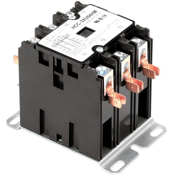 A black and silver Crown Steam 50 Amp three phase contactor with copper wires.