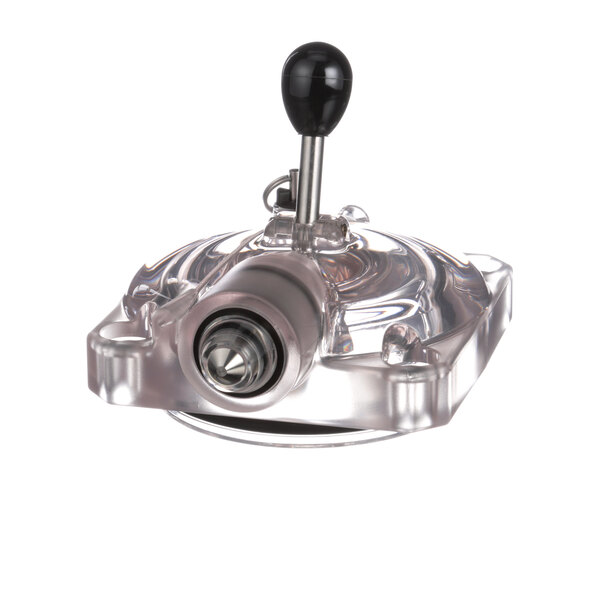 A close-up of a metal valve with a black knob on a white background.