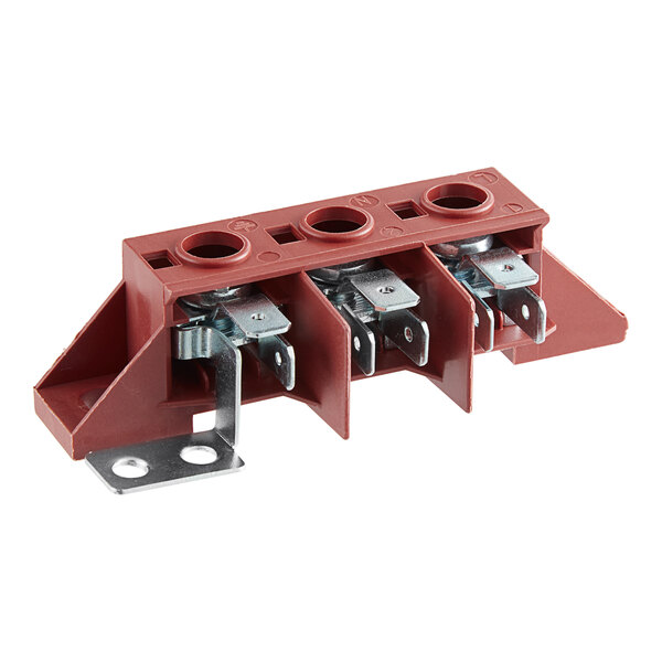 A red Moffat terminal block with metal screws.