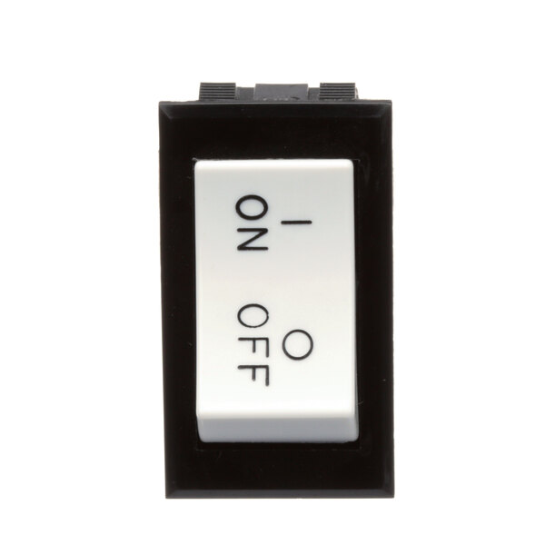 A close-up of a black and white Pitco on/off switch with black text.