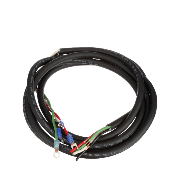 A black electrical cord with several wires and connectors.