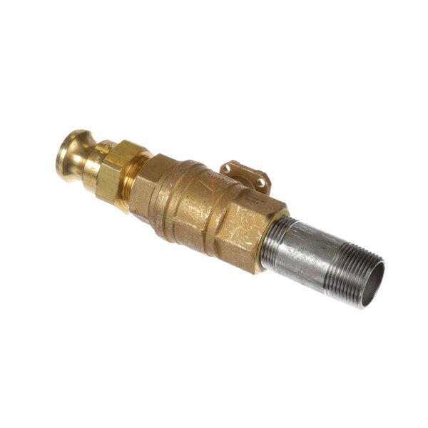 A brass and silver Blodgett drain valve.