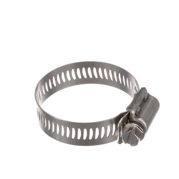 A close-up of a stainless steel Henny Penny hose clamp with holes.