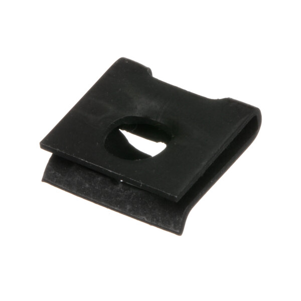 A black plastic piece with a hole.