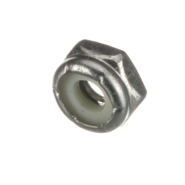 A close-up of a metal Hobart stop nut with a white background.