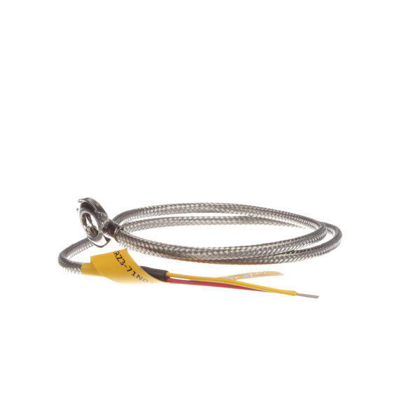 A close-up of a Groen NT1579 thermocouple with yellow, red, and silver wires.