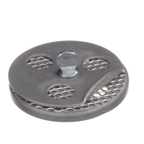 A silver metal round vent with holes.