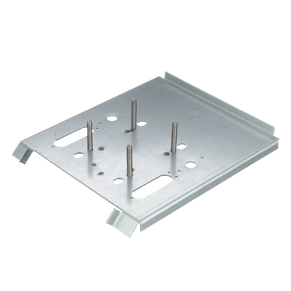 A metal plate with screws and two holes.