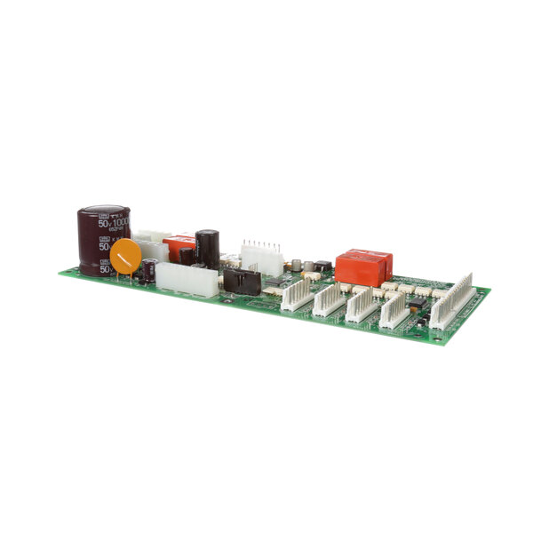 A green circuit board with white and red electronic components.
