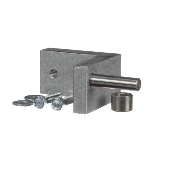 A True Refrigeration metal hinge with bolts and nuts.
