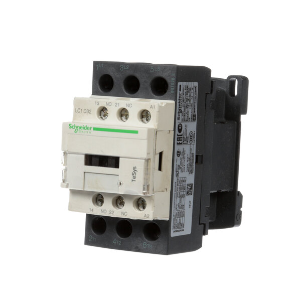 A close-up of a black and white Henny Penny Contactor.