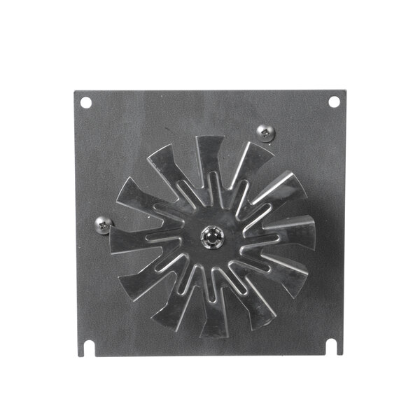 A metal blower motor fan with a circular design.