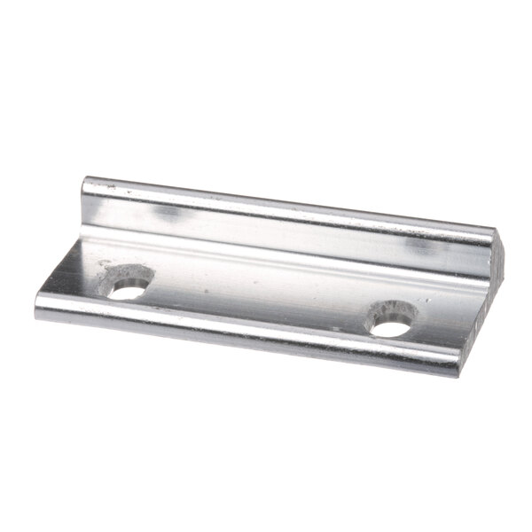 A stainless steel BevLes latch striker with two holes.