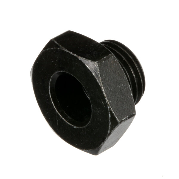 A close-up of a black threaded bushing with a nut in the middle.