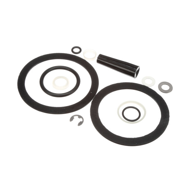 A group of black and white gaskets including rubber seal rings and washers.