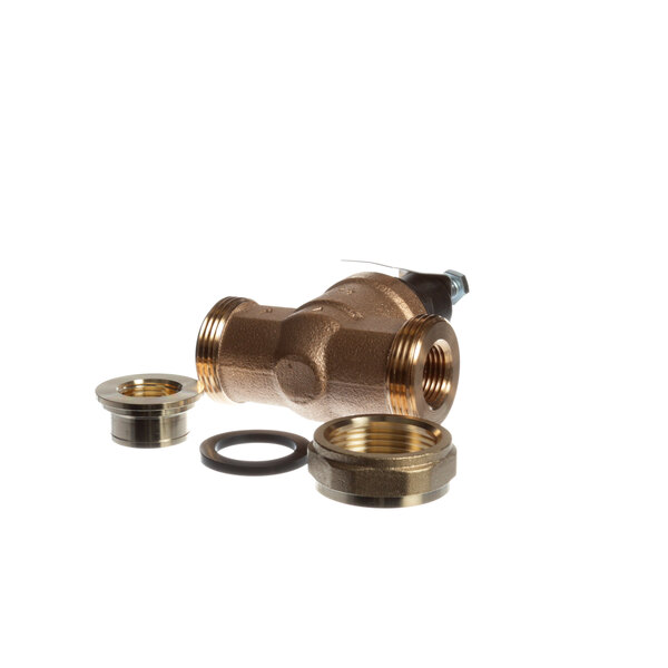 An Insinger brass pressure relief valve with 1/2" NPT fittings.