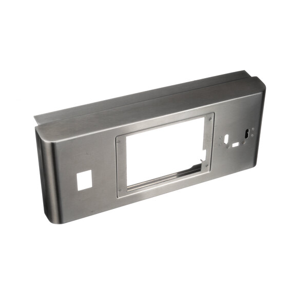 A metal box with a stainless steel control panel and window in the middle.
