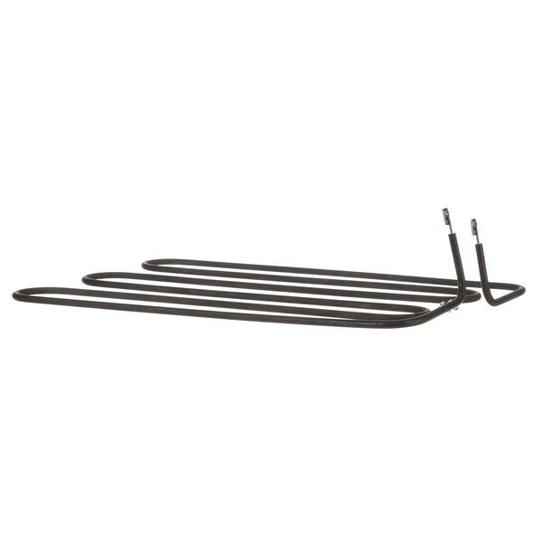 A black metal heating element garland rack with four hooks.