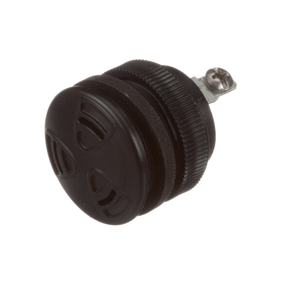 A black round plastic button with a metal screw.