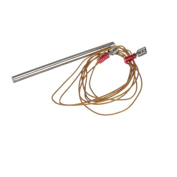 A metal rod with red and silver wires.