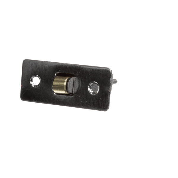 A black metal rectangular Carter-Hoffmann roller latch with a brass button.