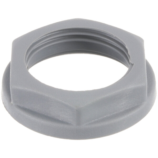 A gray plastic nut with a hole in the middle.