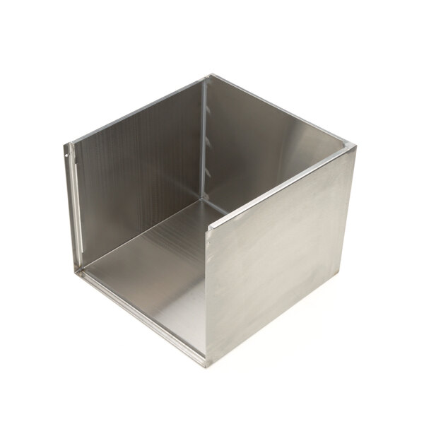 A stainless steel metal box with a hole in the middle.