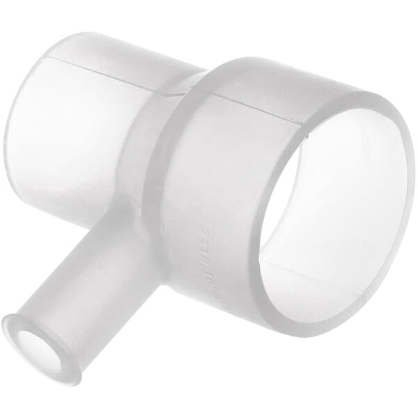 A white plastic tube with a nozzle and a white ring.